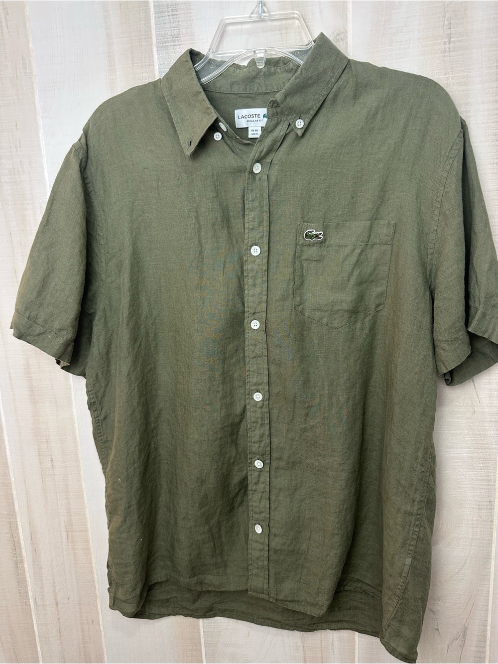 Lacoste Olive Green Short Sleeve Button-Down Shirt with Chest Pocket